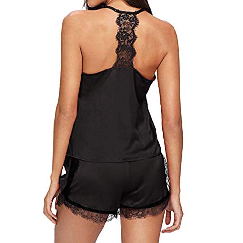 Proumy Pijama Mujer Verano de Encaje Pestañas Bata Sexy Ropa de Dormir Negra Sólida Camisola Cuello V Chaleco Espalda Abierta con Calzoncillos Vestido de Cama Transparente Dos Piezas Conjunto Grande