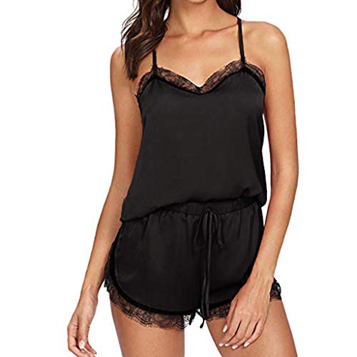 Proumy Pijama Mujer Verano de Encaje Pestañas Bata Sexy Ropa de Dormir Negra Sólida Camisola Cuello V Chaleco Espalda Abierta con Calzoncillos Vestido de Cama Transparente Dos Piezas Conjunto Grande