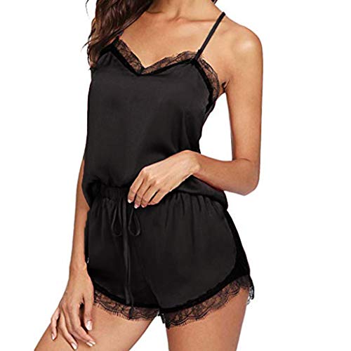 Proumy Pijama Mujer Verano de Encaje Pestañas Bata Sexy Ropa de Dormir Negra Sólida Camisola Cuello V Chaleco Espalda Abierta con Calzoncillos Vestido de Cama Transparente Dos Piezas Conjunto Grande