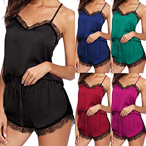 Proumy Pijama Mujer Verano de Encaje Pestañas Bata Sexy Ropa de Dormir Negra Sólida Camisola Cuello V Chaleco Espalda Abierta con Calzoncillos Vestido de Cama Transparente Dos Piezas Conjunto Grande