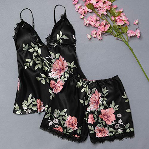 Proumy Pijama Negra Floral Mujer Verano Bata Sexy de Talla Grande Conjunto de Ropa de Dormir Cuello V Transparente Camisola Larga con Calzoncillos Cortos Traje de Noche Vestido de Cama Dos Piezas