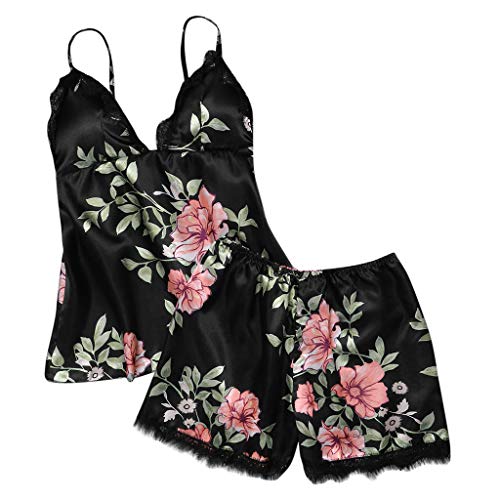 Proumy Pijama Negra Floral Mujer Verano Bata Sexy de Talla Grande Conjunto de Ropa de Dormir Cuello V Transparente Camisola Larga con Calzoncillos Cortos Traje de Noche Vestido de Cama Dos Piezas