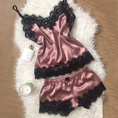 Proumy Pijama Rosa Conjunto Mujer Verano Camisola con Calzoncillos Ropa de Dormir Cuello V de Encaje Pestañas Transparente Chaleco con Tiras Dos Piezas Bata Sexy Vestido Interior Lencería Elegante