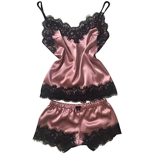 Proumy Pijama Rosa Conjunto Mujer Verano Camisola con Calzoncillos Ropa de Dormir Cuello V de Encaje Pestañas Transparente Chaleco con Tiras Dos Piezas Bata Sexy Vestido Interior Lencería Elegante