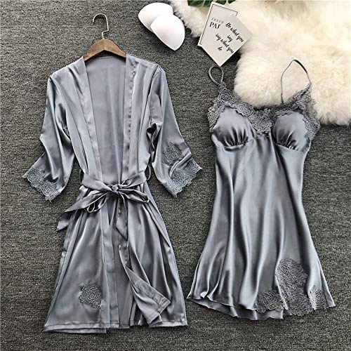Proumy Pijama Verano de Talla Grande Mujer Kimono Gris Seda con Camisola Conjunto Bata Sexy Vestido de Cama Dos Pieza Ropa de Dormir con Manga de Encaje Floral Sólido Traje de Noche con Cinturón