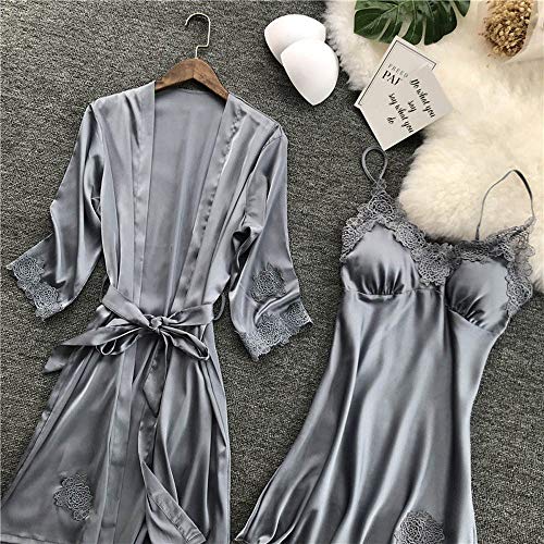 Proumy Pijama Verano de Talla Grande Mujer Kimono Gris Seda con Camisola Conjunto Bata Sexy Vestido de Cama Dos Pieza Ropa de Dormir con Manga de Encaje Floral Sólido Traje de Noche con Cinturón