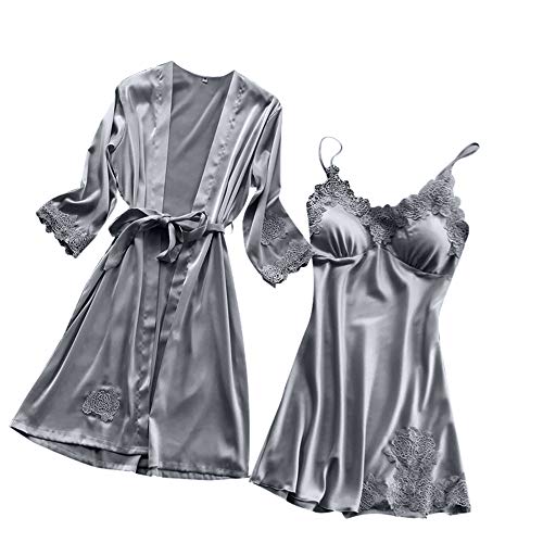 Proumy Pijama Verano de Talla Grande Mujer Kimono Gris Seda con Camisola Conjunto Bata Sexy Vestido de Cama Dos Pieza Ropa de Dormir con Manga de Encaje Floral Sólido Traje de Noche con Cinturón