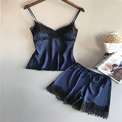 Proumy Pijama Verano Mujer Satén Camisola de Encaje Floral Sexy Bata con Tiras Finas Conjunto Ropa de Dormir Larga con Calzoncillos Vestido Floral de Cama Elegante Vestido Interior Azul Sólido