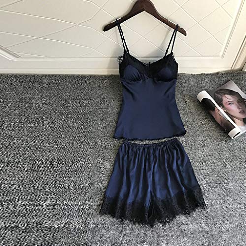 Proumy Pijama Verano Mujer Satén Camisola de Encaje Floral Sexy Bata con Tiras Finas Conjunto Ropa de Dormir Larga con Calzoncillos Vestido Floral de Cama Elegante Vestido Interior Azul Sólido