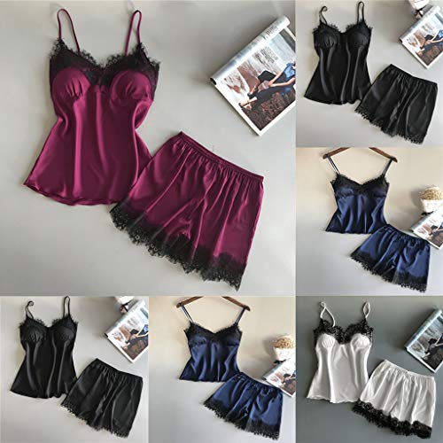 Proumy Pijama Verano Mujer Satén Camisola de Encaje Floral Sexy Bata con Tiras Finas Conjunto Ropa de Dormir Larga con Calzoncillos Vestido Floral de Cama Elegante Vestido Interior Azul Sólido