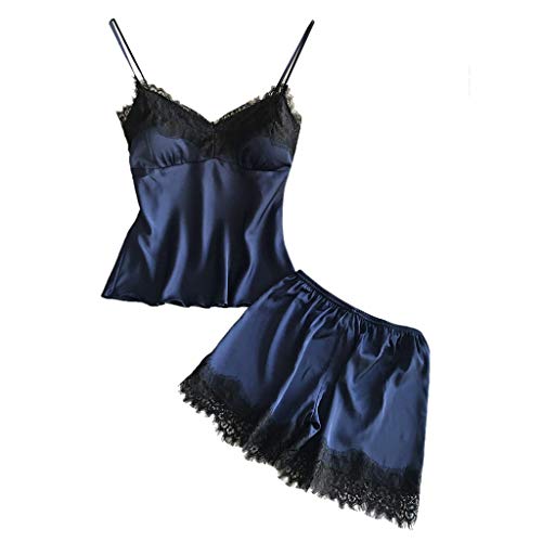 Proumy Pijama Verano Mujer Satén Camisola de Encaje Floral Sexy Bata con Tiras Finas Conjunto Ropa de Dormir Larga con Calzoncillos Vestido Floral de Cama Elegante Vestido Interior Azul Sólido