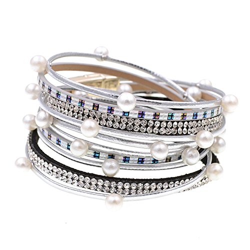 Pulseras TY-Black Fashion Wrap con Perlas simuladas Bohemias Pulseras Azul 34 cm