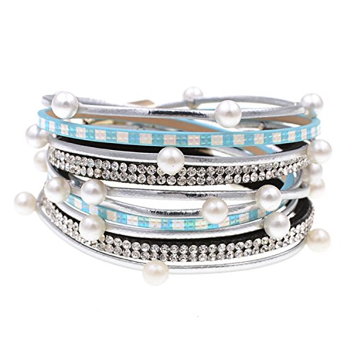 Pulseras TY-Black Fashion Wrap con Perlas simuladas Bohemias Pulseras Azul 34 cm