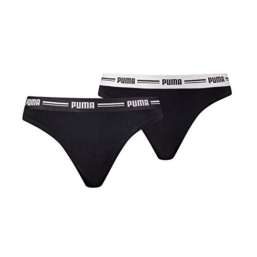 PUMA Iconic Women's String-Thong (2 Pack) Tanga Bragas, Negro, M (Pack de 2) para Mujer