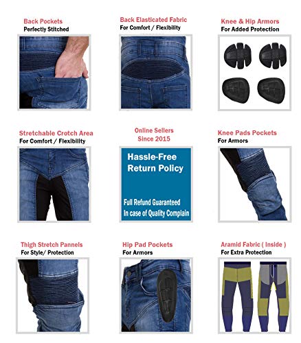 Qaswa Hombre Motocicleta Pantalones Moto Jeans con Protección Aramida Motorcycle Biker Pants