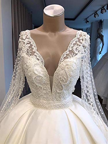 QING XIN-1225 Wedding Dress,Prom Dresses del Banquete de Manga Larga Vestido de Novia Nuevo V-Cuello Vestido de Novia árabe Dubai Larga Evening Dresses (Color : White, US Size : 10)