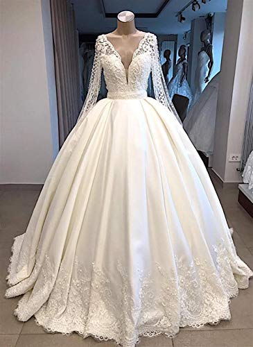 QING XIN-1225 Wedding Dress,Prom Dresses del Banquete de Manga Larga Vestido de Novia Nuevo V-Cuello Vestido de Novia árabe Dubai Larga Evening Dresses (Color : White, US Size : 10)
