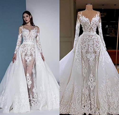 QING XIN-1225 Wedding Dress,Prom Dresses Vestido de Novia Vestido de Novia de Manga Larga Sirena con Desmontable Tren Dubai cordón de la Envoltura Apliques Evening Dresses