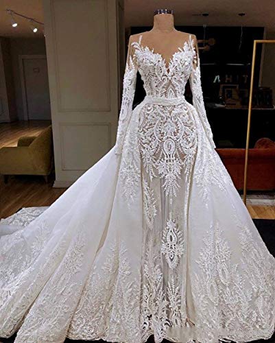 QING XIN-1225 Wedding Dress,Prom Dresses Vestido de Novia Vestido de Novia de Manga Larga Sirena con Desmontable Tren Dubai cordón de la Envoltura Apliques Evening Dresses