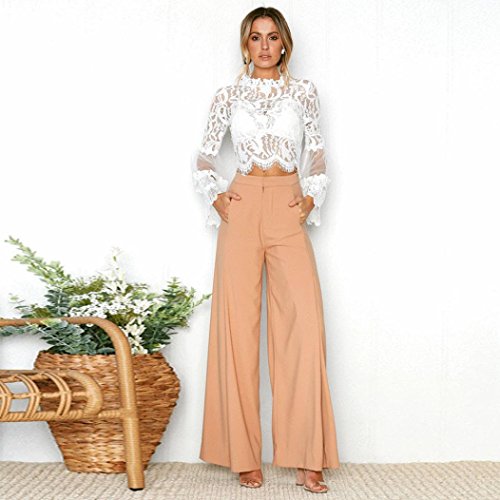 QinMM Blusa Corta de Encaje Mujer, Camiseta Transparente Camisa de Manga Larga Tops (Blanco, M)