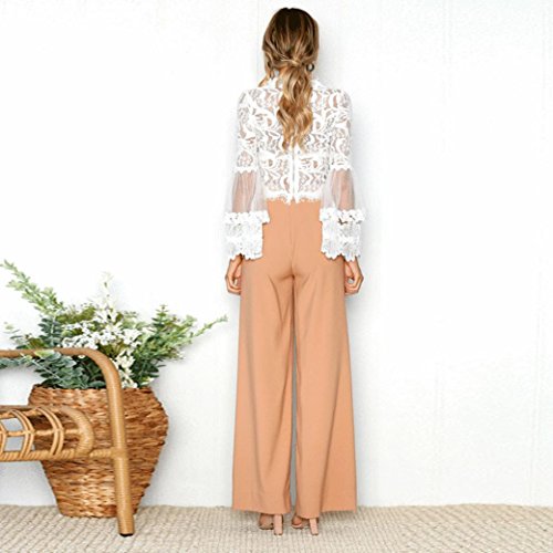 QinMM Blusa Corta de Encaje Mujer, Camiseta Transparente Camisa de Manga Larga Tops (Blanco, S)