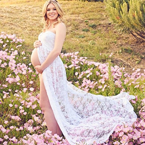 QinMM Vestido Maxi Sexy Mujer Embarazada premamá, Encaje sin Tirantes de fotografía de Props Maternidad (Blanco, M)