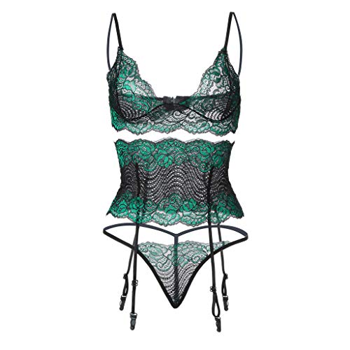 QinMMROPA Conjuntos Sexy Mujer Lenceria Encaje Sujetador y Tanga y Liguero Ropa Interior Picardias Babydoll Lenceria Mujer Transparente Lenceria Abierta Verde L