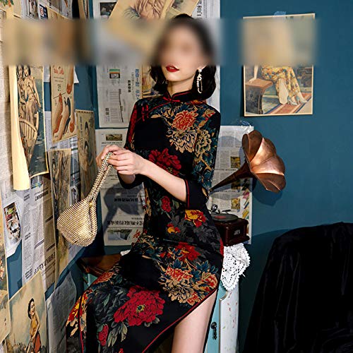 Qipao Vintage Flor Impresión de la Boda Cheongsam Vestido Chino Largo Vestidos de Estilo Oriental Túnica Orientale Rojo Negro Clásico