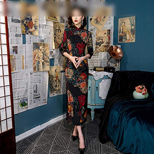 Qipao Vintage Flor Impresión de la Boda Cheongsam Vestido Chino Largo Vestidos de Estilo Oriental Túnica Orientale Rojo Negro Clásico
