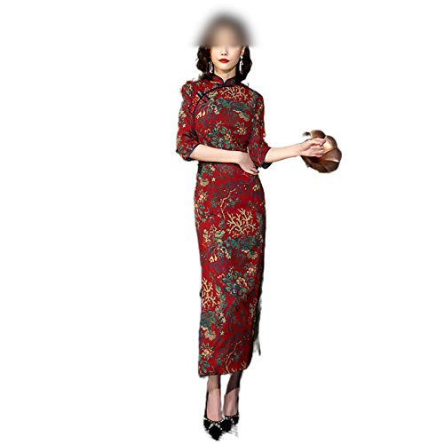 Qipao Vintage Flor Impresión de la Boda Cheongsam Vestido Chino Largo Vestidos de Estilo Oriental Túnica Orientale Rojo Negro Clásico