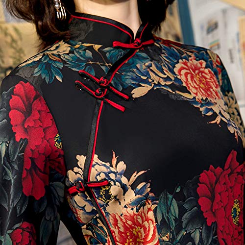 Qipao Vintage Flor Impresión de la Boda Cheongsam Vestido Chino Largo Vestidos de Estilo Oriental Túnica Orientale Rojo Negro Clásico