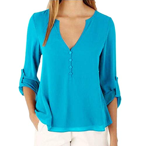 Qixuan Mujeres 3/4 Manga Gasa Cuello en V Mangas con puños Camisas Capas Dobles Botón Suelta Comfy Casual Top (Azul Cielo, pequeño)