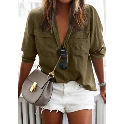 QIYUN.Z Camisa Casual de Mujer Color Liso de Manga Larga con Solapas para Mujer (Verde Militar 2XL)