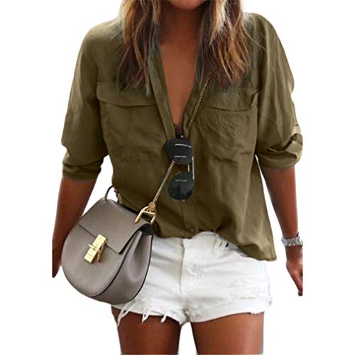 QIYUN.Z Camisa Casual de Mujer Color Liso de Manga Larga con Solapas para Mujer (Verde Militar 2XL)