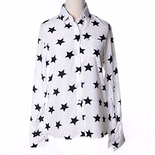 QIYUN.Z La Gasa De Las Mujeres Encabeza Estrellas Negro Solapa De Manga Larga Impresa Camisas OL Blusa Blanca