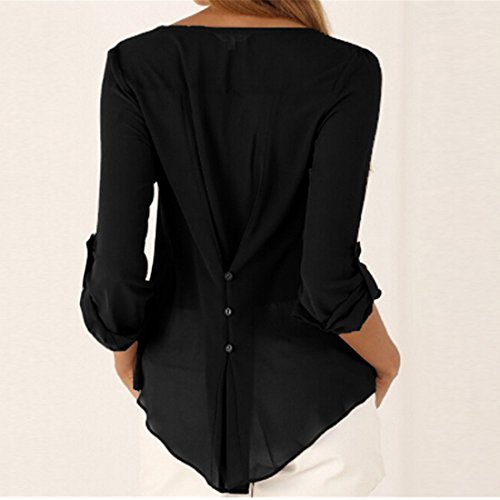QIYUN.Z Las Mujeres Ocasionales De La Manga Larga Boton De La Gasa De Cuello En V Dobladillo Irregular De Decoracion Camisas Tapas