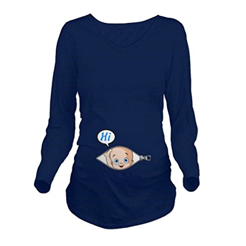 Q.KIM Camiseta Divertido Estampada de Manga Larga Premamá para Mujer Embarazo Lactancia T-Shirt-Hi Baby,Azul XXL