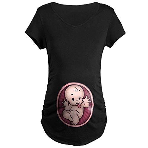 Q.KIM Maternity - Camisetas de maternidad para mujer, bonito diseño divertido con texto, impresión, de manga corta Bebé, negro. XXL