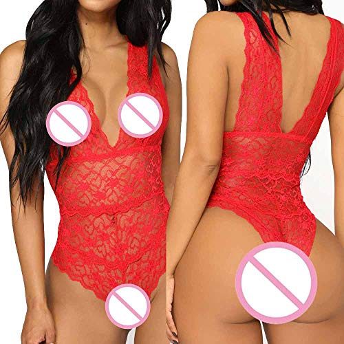 QQQQC Mujer Sexy Color Negligee con Liguero Muy Sensual Lenceria para DamaBody Sexy para Mujer Body Transparente Mono erótico Monos para Mujer-Red_S