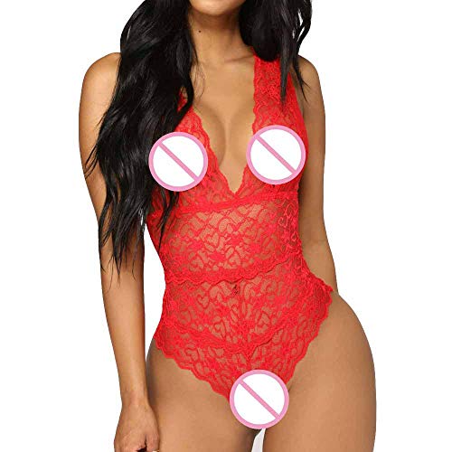 QQQQC Mujer Sexy Color Negligee con Liguero Muy Sensual Lenceria para DamaBody Sexy para Mujer Body Transparente Mono erótico Monos para Mujer-Red_S