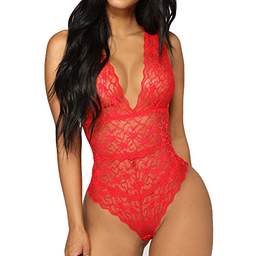 QQQQC Mujer Sexy Color Negligee con Liguero Muy Sensual Lenceria para DamaBody Sexy para Mujer Body Transparente Mono erótico Monos para Mujer-Red_S