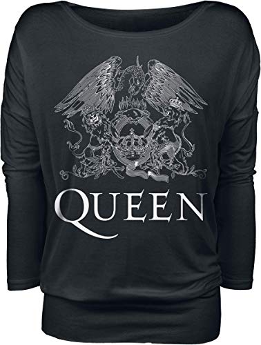 Queen Crest Vintage Mujer Camiseta Manga Larga Negro M, 95% Viscosa, 5% elastán, Regular