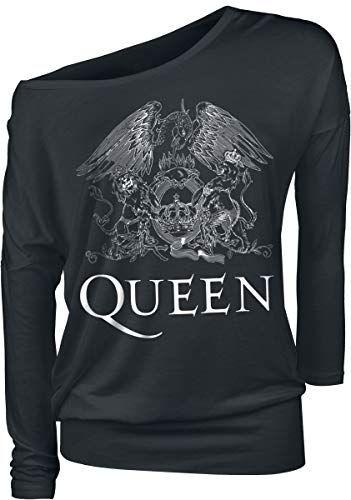 Queen Crest Vintage Mujer Camiseta Manga Larga Negro M, 95% Viscosa, 5% elastán, Regular