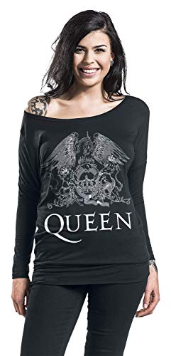 Queen Crest Vintage Mujer Camiseta Manga Larga Negro M, 95% Viscosa, 5% elastán, Regular