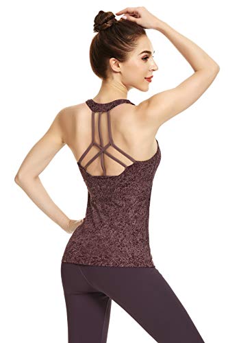 QUEENIEKE Camiseta de tirantes para mujer, para yoga, entrenamiento, con tirantes, parte trasera, color marrón castaño, con flores, talla M (8/10