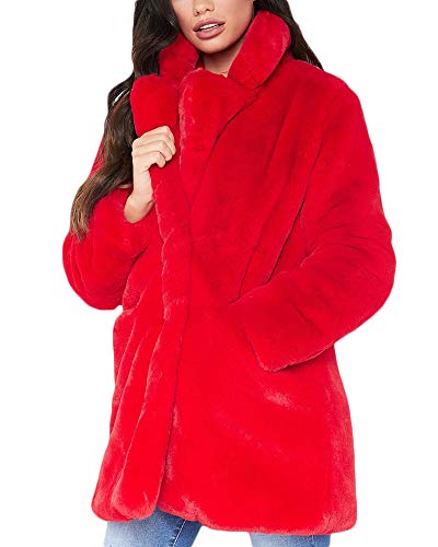 Quge Mujer Abrigo De Pelo Chaqueta Invierno Abrigo De Piel Sintética Chaqueta La Solapa Fur Jacket Rojo M