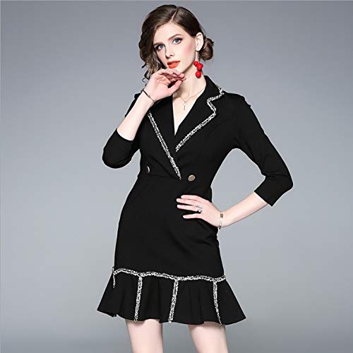 QUNLIANYI Vestido Verano Largo Mujer Traje de Manga Corta para Mujer Vestido de Cola de Pescado con Volantes Negro XL