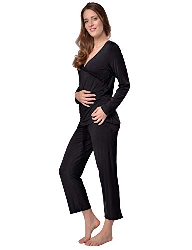 RAIKOU Pijamas Mujer 2 Piezas Conjuntos Sexy e Elegante Manga Pantalon Largos (40-42, Negro)