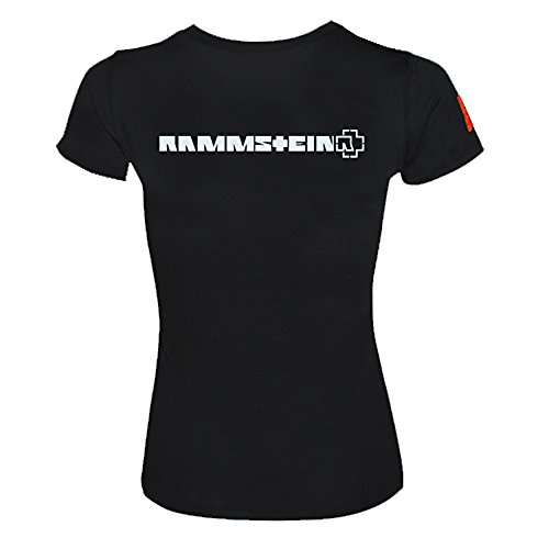 Rammstein - Camiseta para mujer con logotipo brillante, color negro con parte delantera y trasera Negro S