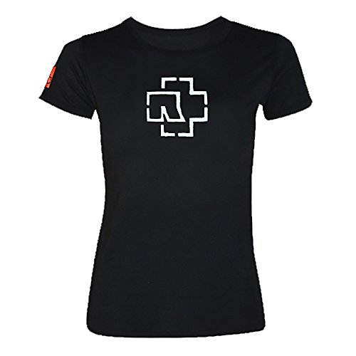 Rammstein - Camiseta para mujer con logotipo brillante, color negro con parte delantera y trasera Negro S